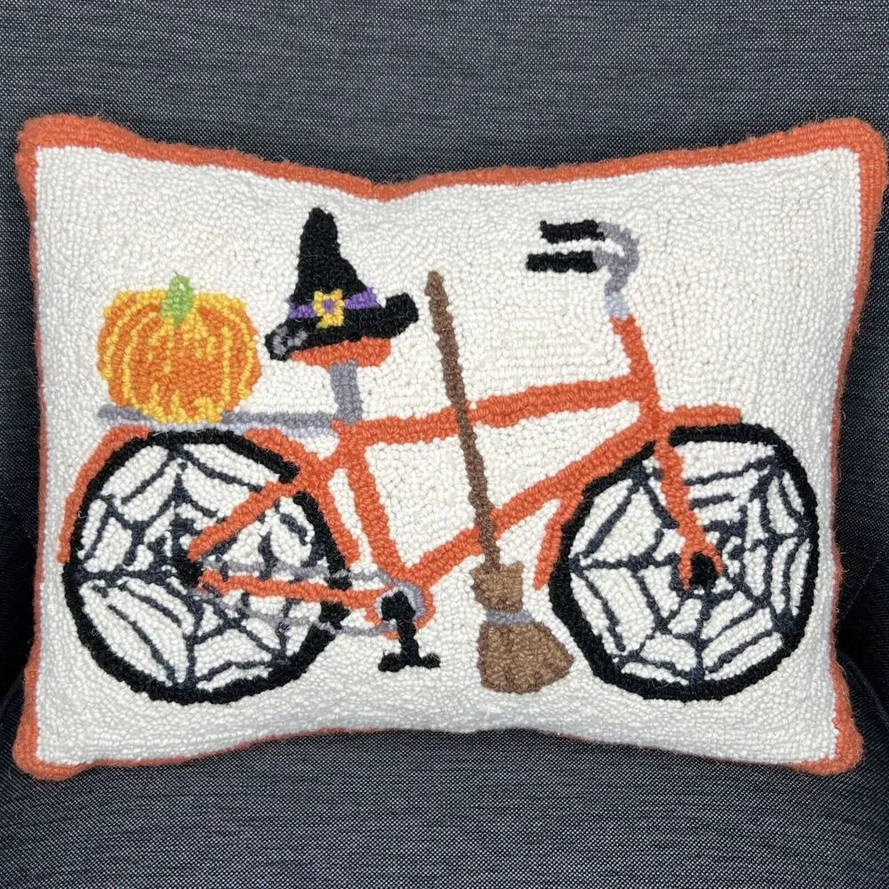 Halloween Witch Bicycle Hooked Wool Throw Pillow 17 X 14 Spider Webs